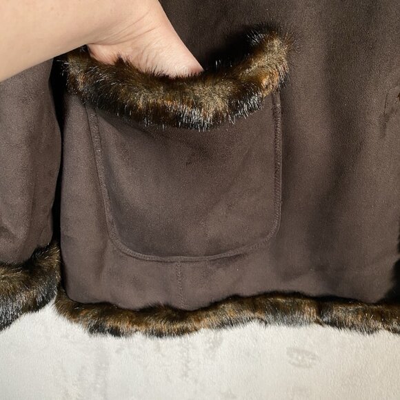Jones NY Winter Coat Women's XL Faux Suede Fur Trim Jacket Brown Cozy Cabin - Picture 8 of 16